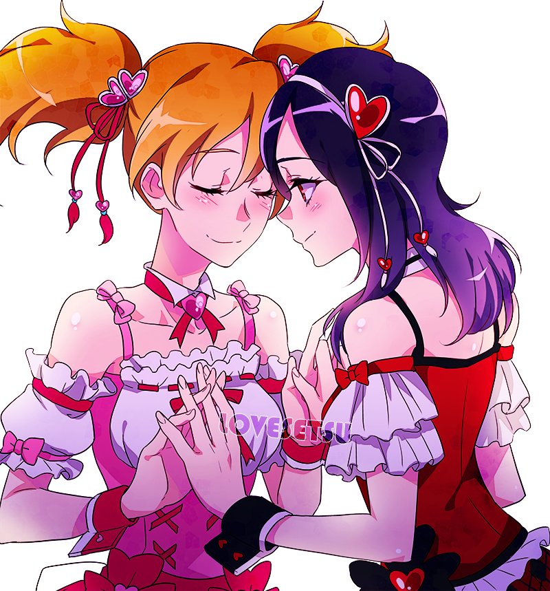 2girls blush closed_eyes closed_mouth detached_collar fresh_precure! hair_ornament heart_hair_ornament higashi_setsuna interlocked_fingers looking_at_another momozono_love multiple_girls negom orange_hair precure purple_hair red_eyes short_hair simple_background smile twintails white_background yuri