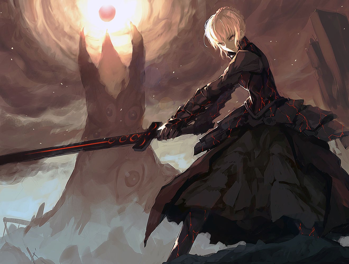 1girl armor armored_dress artoria_pendragon_(all) bangs black_dress blonde_hair breastplate bright_pupils closed_mouth commentary_request dark_excalibur dress fate/stay_night fate_(series) faulds fighting_stance greaves holding holding_sword holding_weapon holy_grail looking_at_viewer plate_armor saber_alter short_hair solo spaulders spoilers standing sword towe two-handed weapon yellow_eyes zen_o