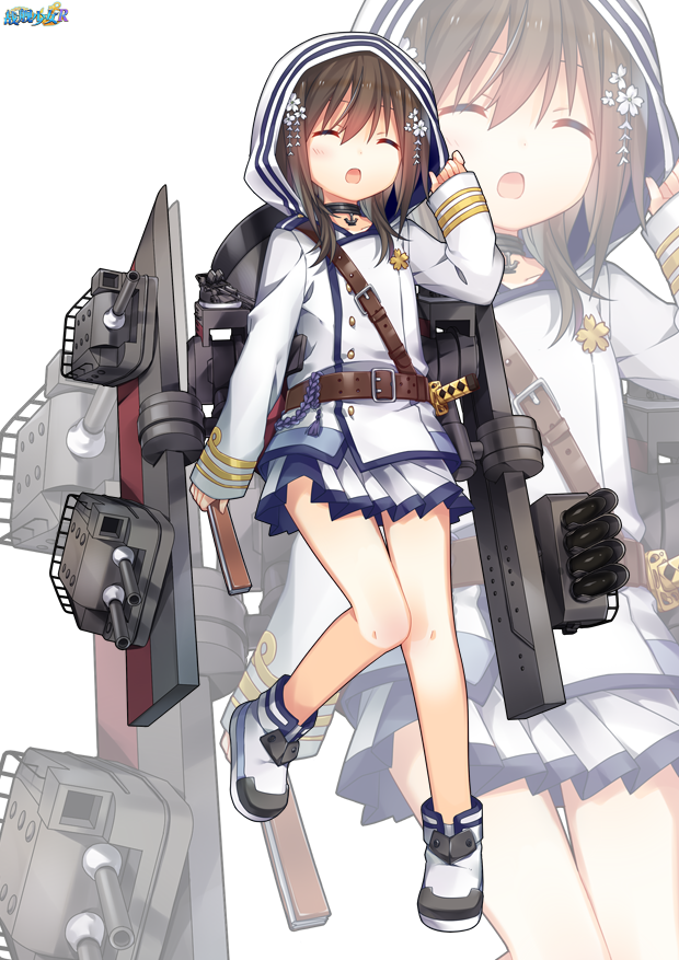 1girl belt brown_hair cannon closed_eyes fan flower hair_flower hair_ornament holding holding_fan hood jacket jiang-ge long_sleeves machinery miniskirt open_mouth shigure_(zhan_jian_shao_nyu) skirt solo torpedo torpedo_tubes turret white_footwear white_jacket white_skirt zhan_jian_shao_nyu