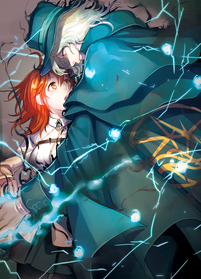 1boy 1girl :o ahoge amg_(nwmnmllf) black_legwear blue_cape blue_hat cape collared_jacket commentary_request edmond_dantes_(fate/grand_order) electricity eye_contact fate/grand_order fate_(series) fujimaru_ritsuka_(female) gloves grin hair_between_eyes hat jacket long_sleeves looking_at_another open_mouth orange_eyes orange_hair pantyhose pleated_skirt short_hair skirt smile standing top_hat white_gloves white_hair white_jacket