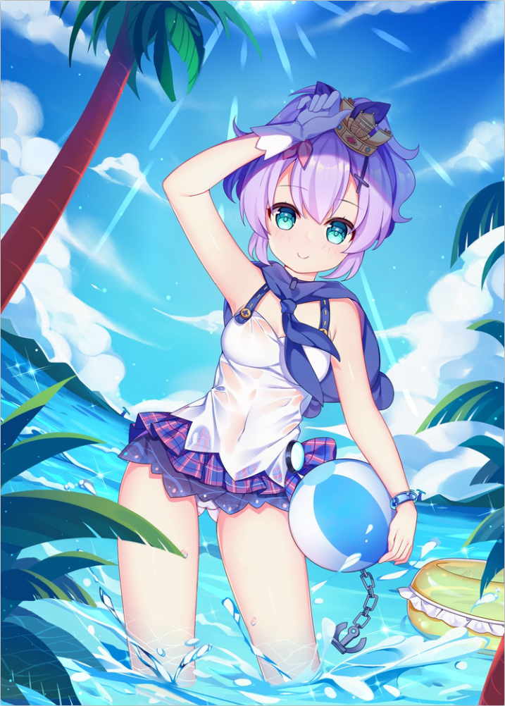 1girl anchor arm_up azur_lane ball bangs beachball blue_eyes blue_neckwear blue_skirt blue_sky blush breasts camisole chains chuor_(chuochuoi) closed_mouth clouds commentary_request covered_navel crown day dutch_angle eyebrows_visible_through_hair frills gloves gluteal_fold hair_between_eyes hair_ribbon horizon innertube javelin_(azur_lane) looking_at_viewer medium_breasts mini_crown ocean outdoors palm_tree panties plaid plaid_skirt purple_hair purple_ribbon ribbon single_glove skirt sky smile solo standing sunlight thighs transparent tree underwear wading water wet wet_clothes white_camisole white_gloves white_panties