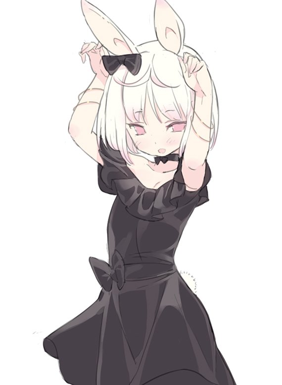 1girl :d animal_ears arms_up black_bow black_dress blade_(galaxist) blush bow bracelet bunny_pose bunny_tail commentary_request cowboy_shot dot_nose dress eyebrows_visible_through_hair hair_bow jewelry looking_at_viewer open_mouth pink_eyes pop-up_story rabbit_ears sash short_hair simple_background smile solo tail white_background white_hair