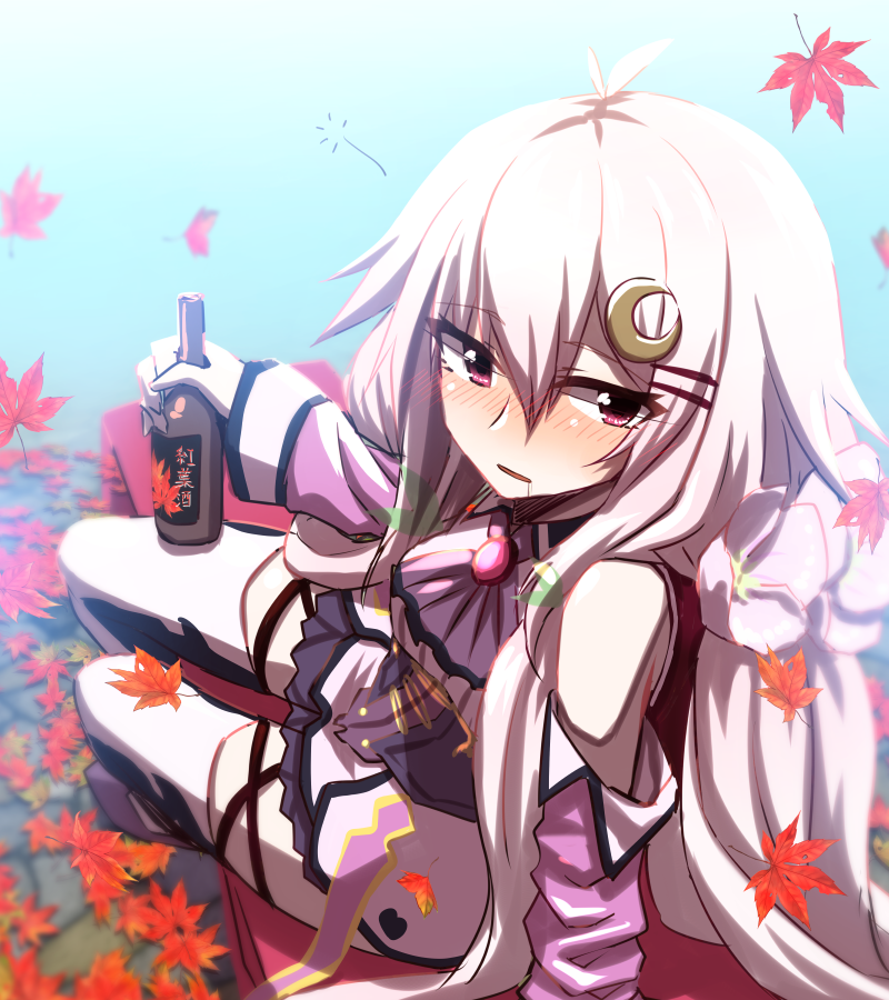 1girl alcohol blush bottle character_request drink drooling drunk flower_knight_girl hair_ornament mizunashi_(second_run) white_hair