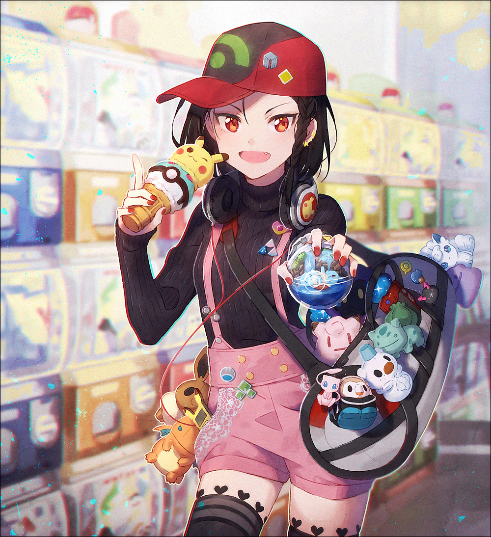 1girl :d alolan_vulpix bag black_hair black_legwear black_sweater blurry blurry_background braid bulbasaur cellphone character_doll charizard clefairy cosmog cowboy_shot depth_of_field diglett ditto duffel_bag eevee fang flat_cap hair_between_eyes hakusai_(tiahszld) hand_up hat headphones headphones_around_neck heart holding holding_poke_ball index_finger_raised indoors long_sleeves looking_at_viewer mew nail_polish open_mouth original oshawott outstretched_arm pantyhose phone pikachu pink_shorts poke_ball pokedex pokemon pyukumuku red_eyes red_hat red_nails revision rowlet short_hair shorts shoulder_bag side_braid single_braid sleeves_past_wrists smile solo star suspender_shorts suspenders sweater transparent triforce tsurime turtleneck turtleneck_sweater v-shaped_eyebrows water waterfall