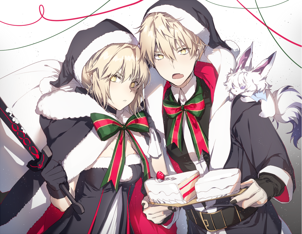 1boy 1girl animal animal_on_shoulder artoria_pendragon_(all) belt black_nails cape christmas_cake fate/grand_order fate_(series) fou_(fate/grand_order) hat looking_at_viewer nail_polish platinum_blonde ribbon saber_(fate/prototype) saber_alter sack santa_alter santa_costume santa_hat sidelocks yellow_eyes