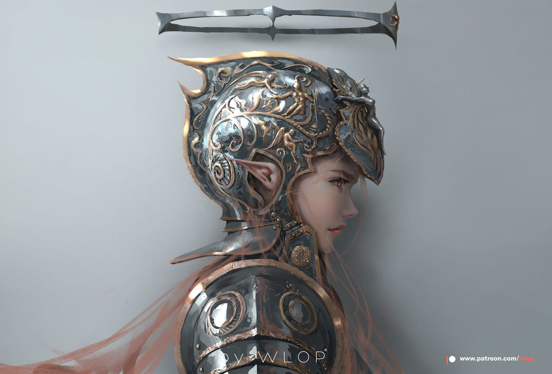 1girl closed_mouth from_side ghostblade grey_background helmet long_hair patreon_logo patreon_username pink_eyes pink_hair pink_lips plate_armor pointy_ears profile solo spaulders upper_body wlop