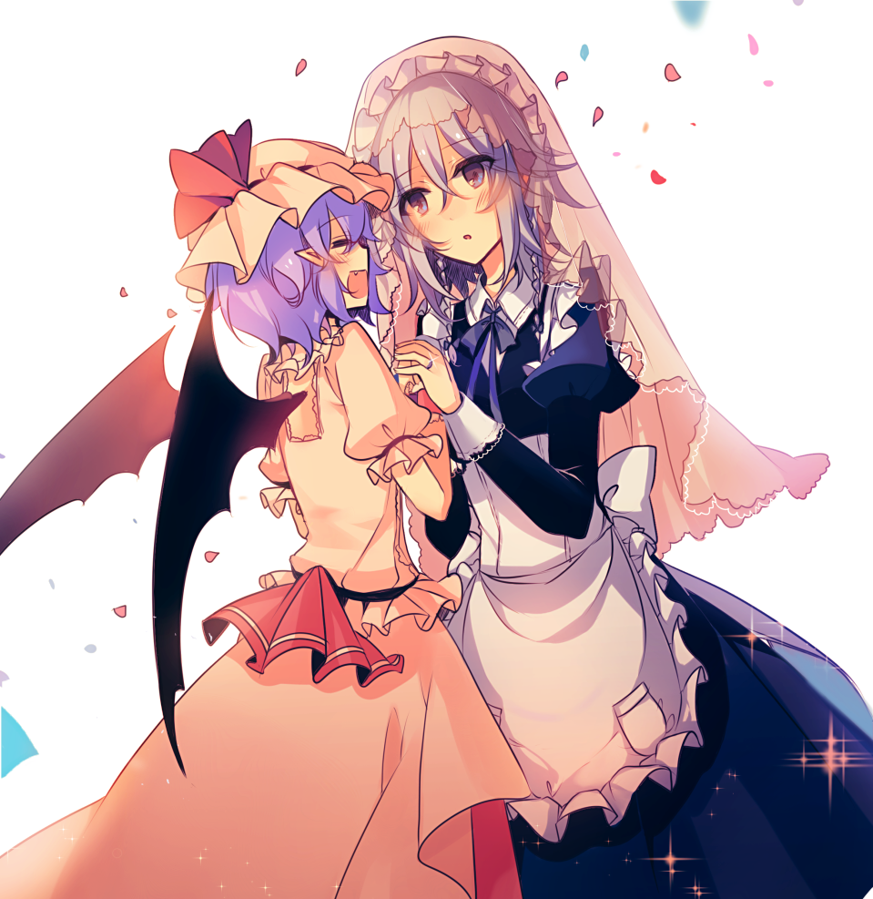 2girls apron bat_wings blue_eyes blue_hair blue_neckwear blue_ribbon blush bridal_veil closed_eyes commentary_request dress frilled_apron frills hand_holding hat hat_ribbon izayoi_sakuya juliet_sleeves kirero long_sleeves looking_at_another maid_apron maid_headdress mob_cap multiple_girls neck_ribbon open_mouth parted_lips petals pink_dress puffy_short_sleeves puffy_sleeves red_ribbon remilia_scarlet ribbon short_hair short_sleeves sidelocks smile sparkle touhou veil white_hair wings wrist_cuffs yuri