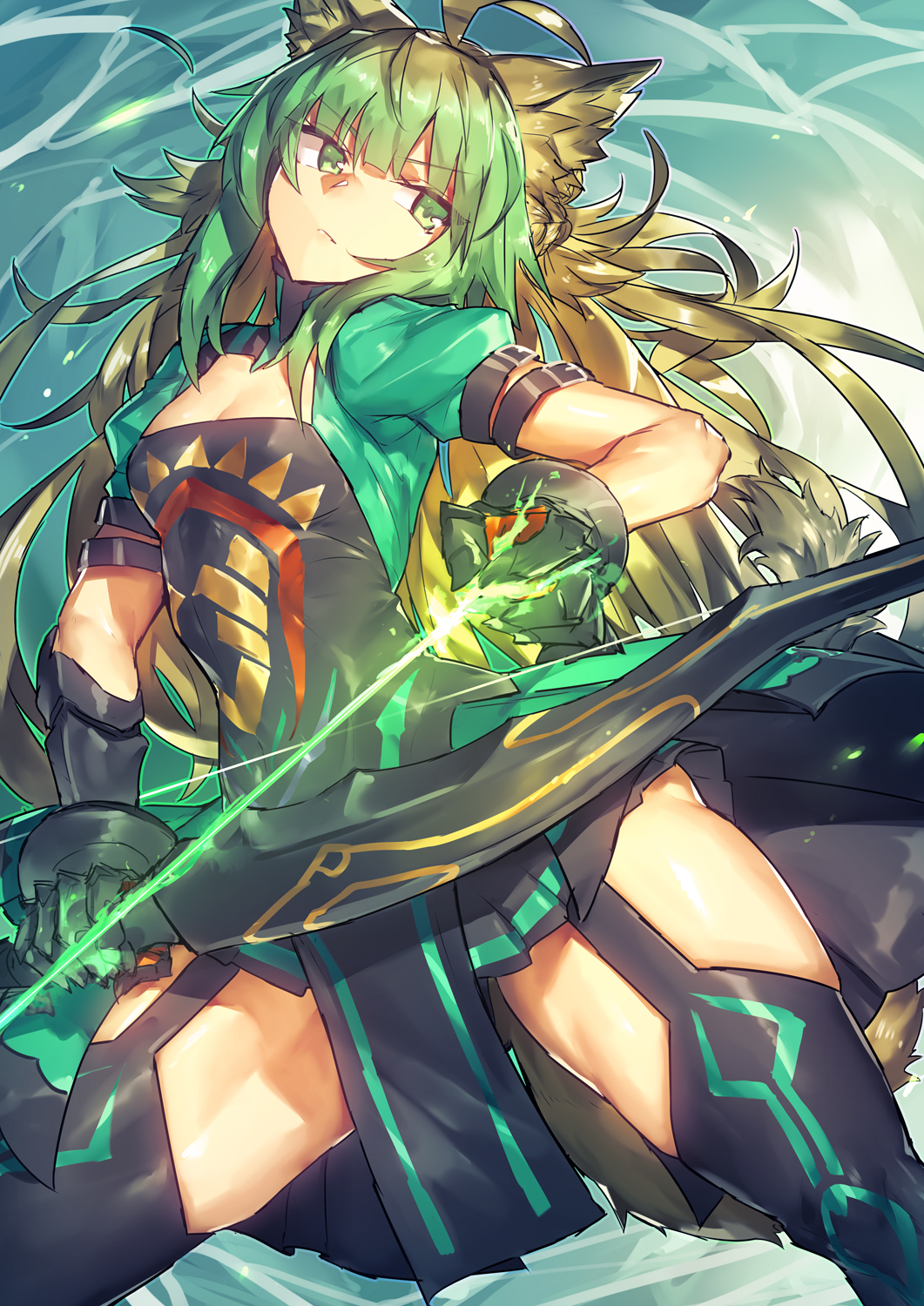 1girl ahoge animal_ears archer_of_red arrow bangs black_gloves blonde_hair blunt_bangs bow_(weapon) breasts cat_ears cleavage cleavage_cutout cowboy_shot dress eyebrows_visible_through_hair fate/apocrypha fate_(series) gloves gradient_hair green_eyes green_hair highres holding holding_bow_(weapon) holding_weapon legs_apart long_hair looking_at_viewer melon22 multicolored_hair pelvic_curtain puffy_short_sleeves puffy_sleeves ready_to_draw short_sleeves solo standing thigh-highs toned weapon