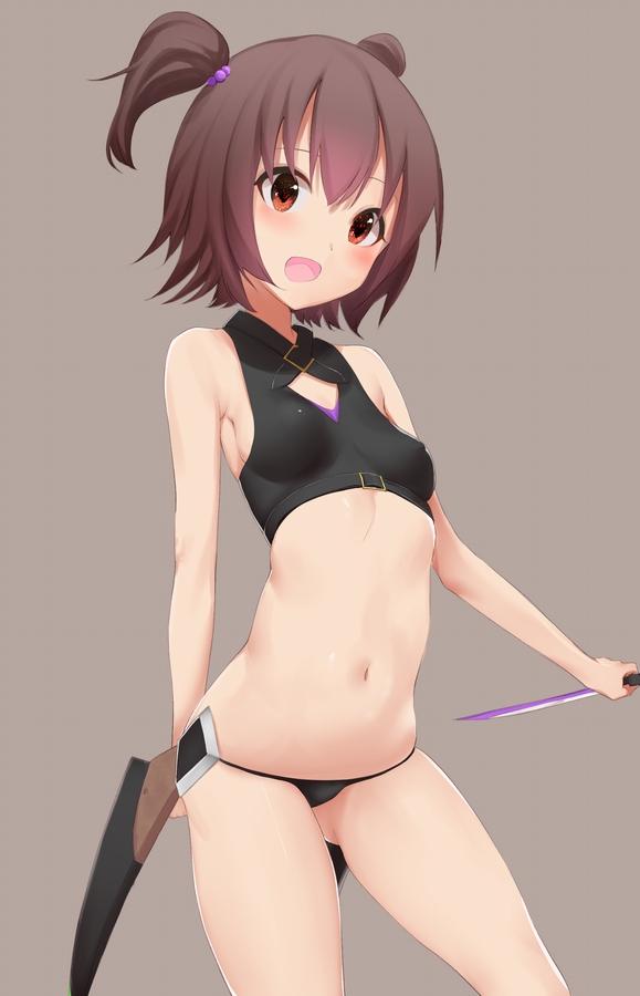 1girl :d akagi_miria arm_behind_back bare_arms bare_shoulders black_panties blush breasts brown_background brown_eyes brown_hair cosplay cowboy_shot crop_top dagger erect_nipples fate/apocrypha fate_(series) female gluteal_fold hair_bobbles hair_ornament holding holding_weapon idolmaster idolmaster_cinderella_girls jack_the_ripper_(fate/apocrypha) jack_the_ripper_(fate/apocrypha)_(cosplay) looking_at_viewer navel open_mouth panties ratsuku_kinoko short_hair simple_background sleeveless small_breasts smile solo standing stomach tareme thighs two_side_up underwear weapon