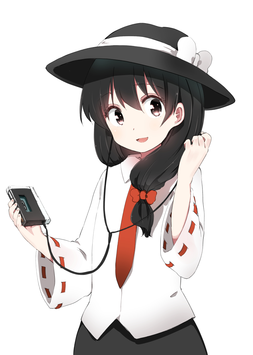 1girl :d alternate_costume bangs black_hair black_hat blush bow brown_eyes cassette_player cassette_tape eyebrows_visible_through_hair hair_bow hair_over_shoulder hat hat_bow highres holding hota long_hair long_sleeves low-tied_long_hair low_ponytail necktie open_mouth red_bow red_neckwear shirt simple_background smile solo tareme touhou upper_body usami_renko white_background white_bow white_shirt wide_sleeves