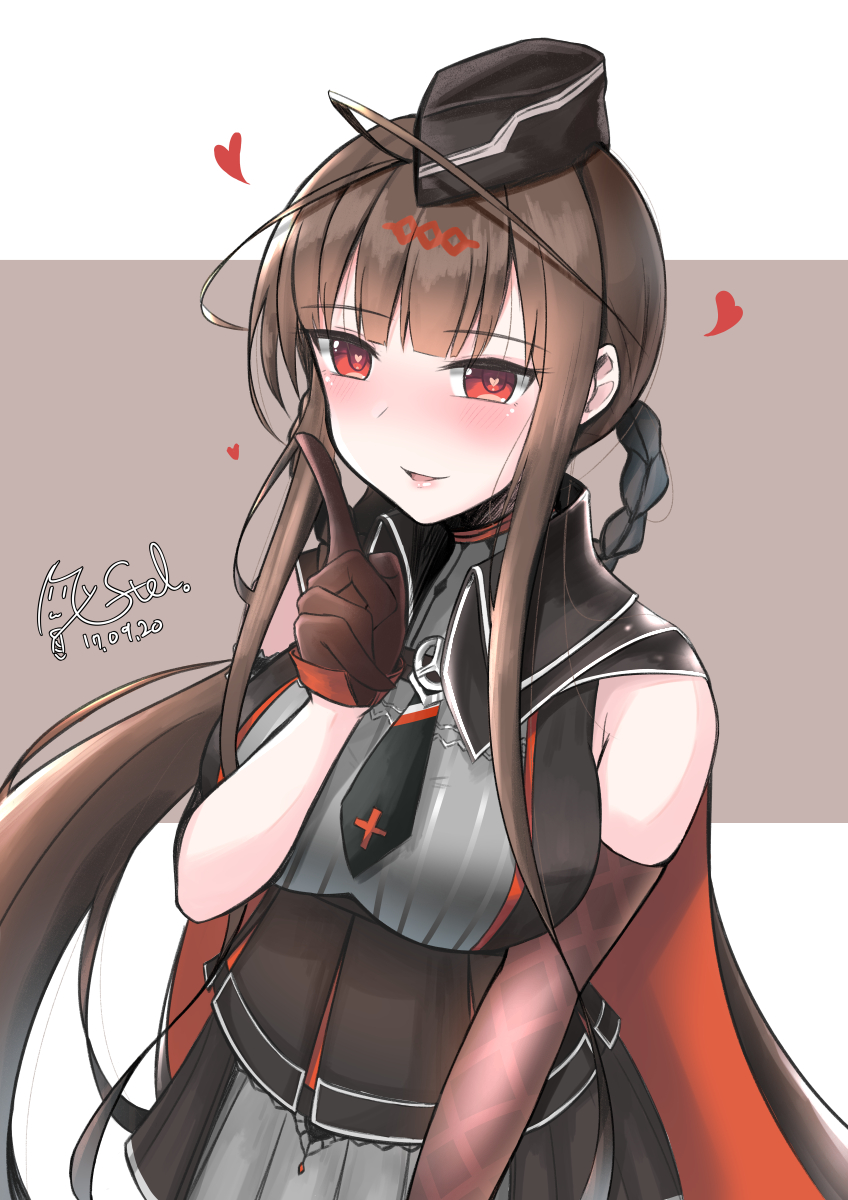 1girl ahoge arm_up bangs blunt_bangs blush braid breasts brown_eyes brown_gloves brown_hair cape collared corset cross dated dsr-50_(girls_frontline) elbow_glove elbow_gloves eyebrows_visible_through_hair flying_heart garrison_cap girls_frontline gloves hair_ornament hairclip hat heart heart-shaped_pupils highres index_finger_raised large_breasts long_hair looking_at_viewer mysteltainn necktie open_mouth pleated_skirt red_eyes sidelocks signature simple_background single_elbow_glove skirt smile solo symbol-shaped_pupils thigh-highs