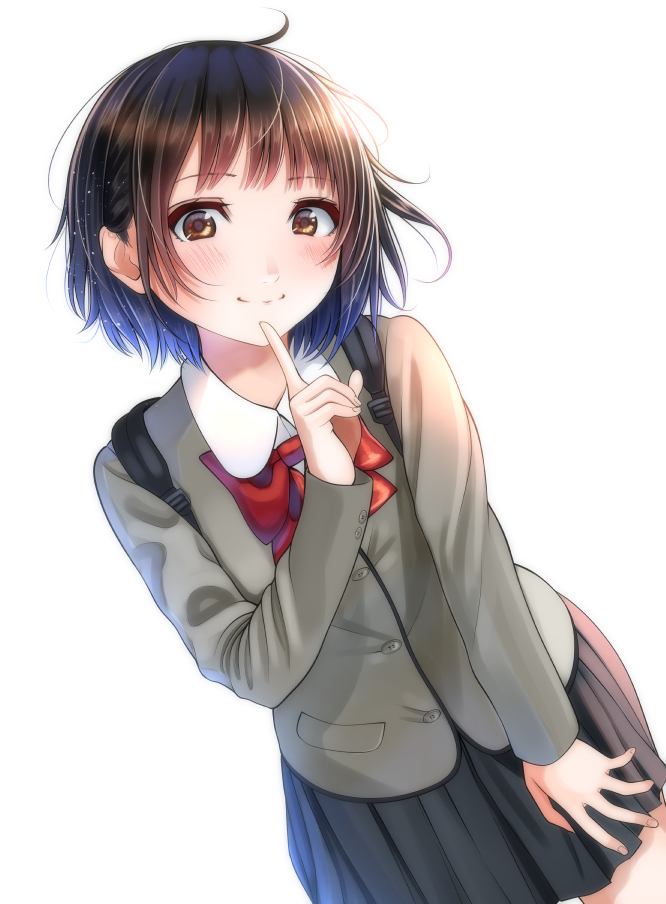 backpack bag black_skirt blazer blush bow brown_eyes brown_hair hand_up index_finger_raised jacket kentaurosu looking_at_viewer original red_bow school_uniform short_hair skirt smile uniform