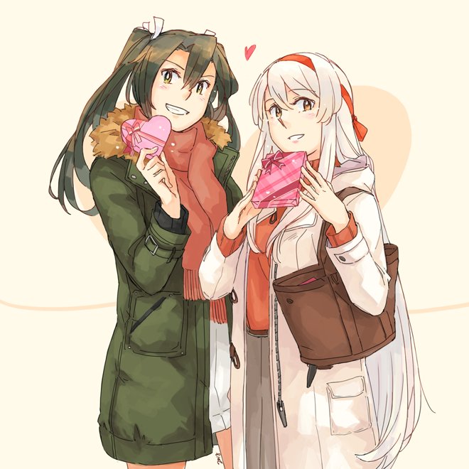 2018 2girls alternate_costume blush brown_eyes brown_scarf commentary cowboy_shot eyebrows_visible_through_hair fur_trim gift gift_wrapping green_coat green_eyes green_hair grey_hair grin hair_between_eyes hair_over_shoulder hair_ribbon hairband heart holding holding_gift kantai_collection long_hair long_sleeves looking_at_viewer multiple_girls red_hairband red_ribbon red_sweater ribbon shoukaku_(kantai_collection) smile sweater teeth tote_bag twintails valentine very_long_hair weidashming white_coat white_hair white_ribbon white_sweater zipper zuikaku_(kantai_collection)