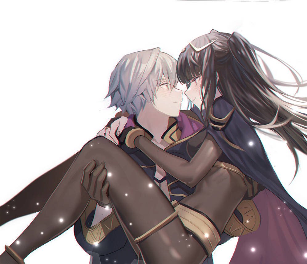 1boy 1girl black_hair cape carrying cloak couple fire_emblem fire_emblem:_kakusei hood male_my_unit_(fire_emblem:_kakusei) my_unit_(fire_emblem:_kakusei) princess_carry silver_hair simple_background smile tharja tiara zuizi