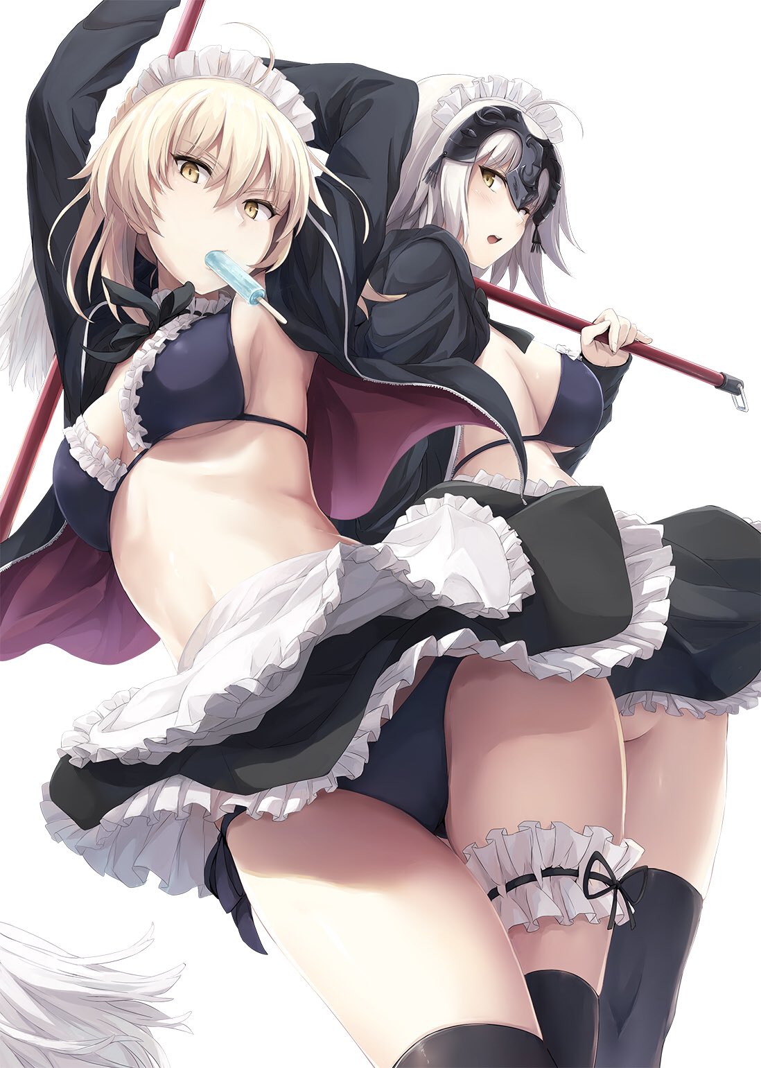 2girls :o ahoge akita_hika apron arms_up artoria_pendragon_(all) artoria_pendragon_(swimsuit_rider_alter) ass bikini bikini_under_clothes black_bikini black_jacket black_legwear black_neckwear black_ribbon blonde_hair blush breasts eyebrows_visible_through_hair fate/grand_order fate_(series) food food_in_mouth frilled_apron frilled_bikini frilled_skirt frills hair_between_eyes headpiece highres jacket jeanne_d'arc_(alter)_(fate) jeanne_d'arc_(fate)_(all) leg_garter long_sleeves looking_at_viewer looking_back maid_bikini maid_headdress mop mouth_hold multiple_girls neck_ribbon open_clothes open_jacket popsicle ribbon saber_alter short_hair sideboob simple_background skirt standing swimsuit thigh-highs thigh_gap thighs tsurime under_boob upskirt v-shaped_eyebrows waist_apron white_apron white_background yellow_eyes