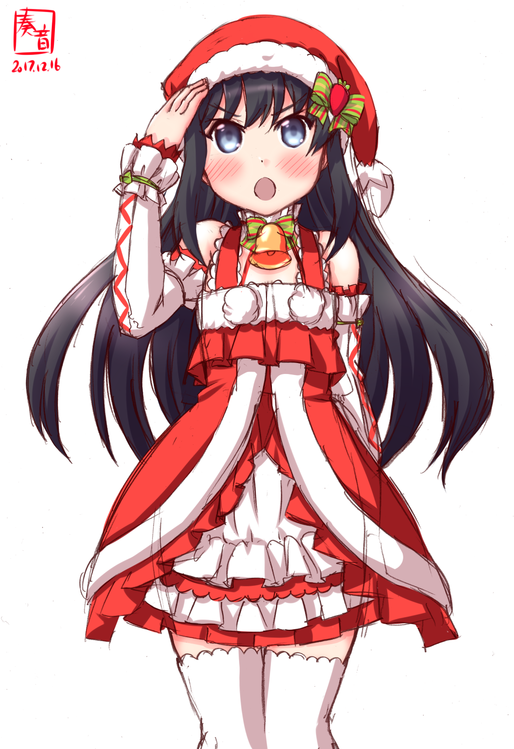 1girl asashio_(kantai_collection) bell black_hair blue_eyes cowboy_shot dated detached_sleeves dress frilled_dress frills highres kanon_(kurogane_knights) kantai_collection logo long_hair open_mouth salute santa_costume simple_background solo standing thigh-highs white_background white_legwear