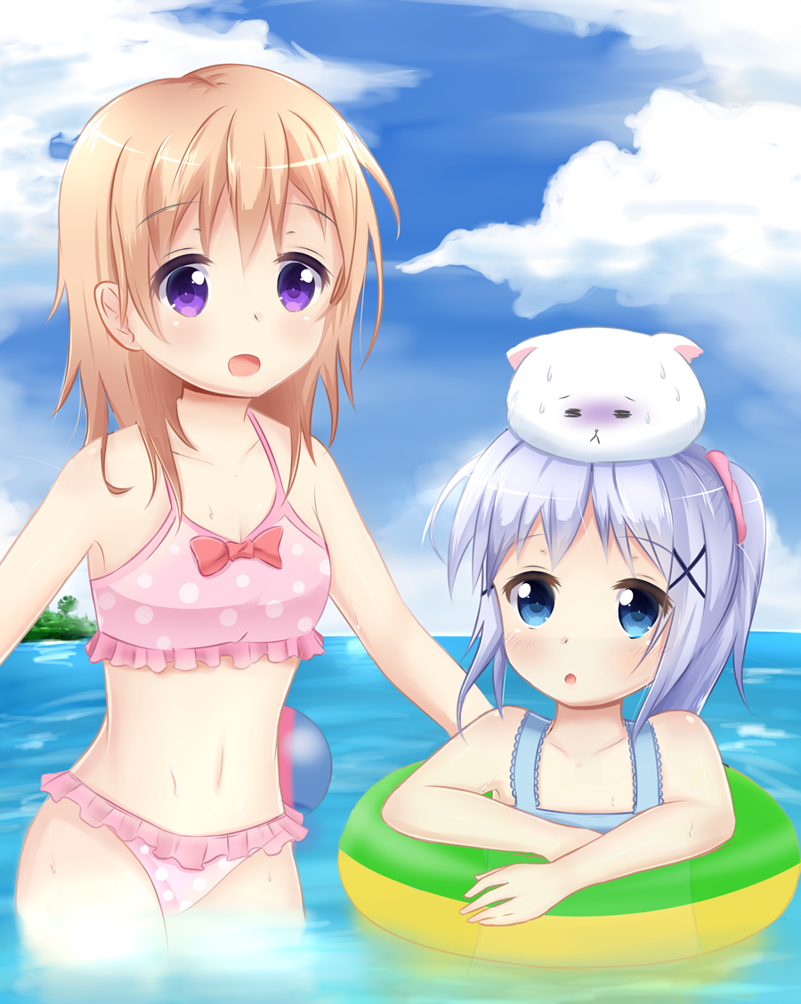 10s 2girls :d :o animal beach beachball bikini blue_eyes clouds deviantart floating gochuumon_wa_usagi_desu_ka? hairpin hoto_cocoa innertube kafuu_chino light_blue_hair looking_at_another orange_hair partially_submerged pink_bikini pixiv polka_dot purple_eyes rabbit ribbon rutorifuki95 sidelocks sky swimsuit tippy_(gochiusa) water wet