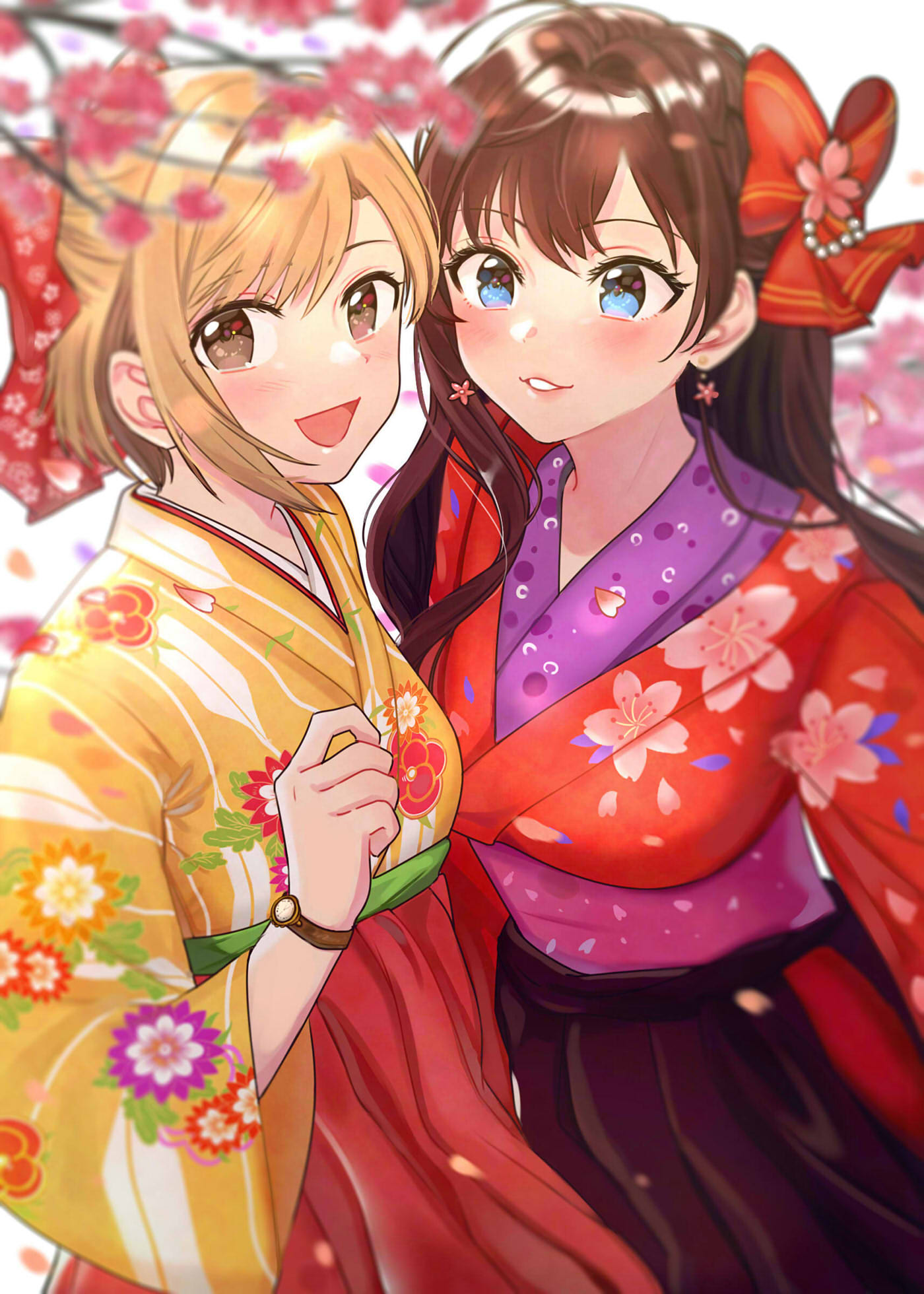 2girls :d aiba_yumi bangs black_hakama blonde_hair blue_eyes blurry blush bow breasts brown_eyes brown_hair depth_of_field earrings floral_print flower_earrings hair_bow hakama hand_up highres ichinose_shiki idolmaster idolmaster_cinderella_girls japanese_clothes jewelry kimono lips long_hair looking_at_viewer medium_breasts motion_blur multiple_girls open_mouth parted_lips petals red_bow red_hakama red_kimono sash short_hair simple_background single_sidelock smile tareme tomato_omurice_melon tree_branch upper_body watch watch white_background yellow_kimono