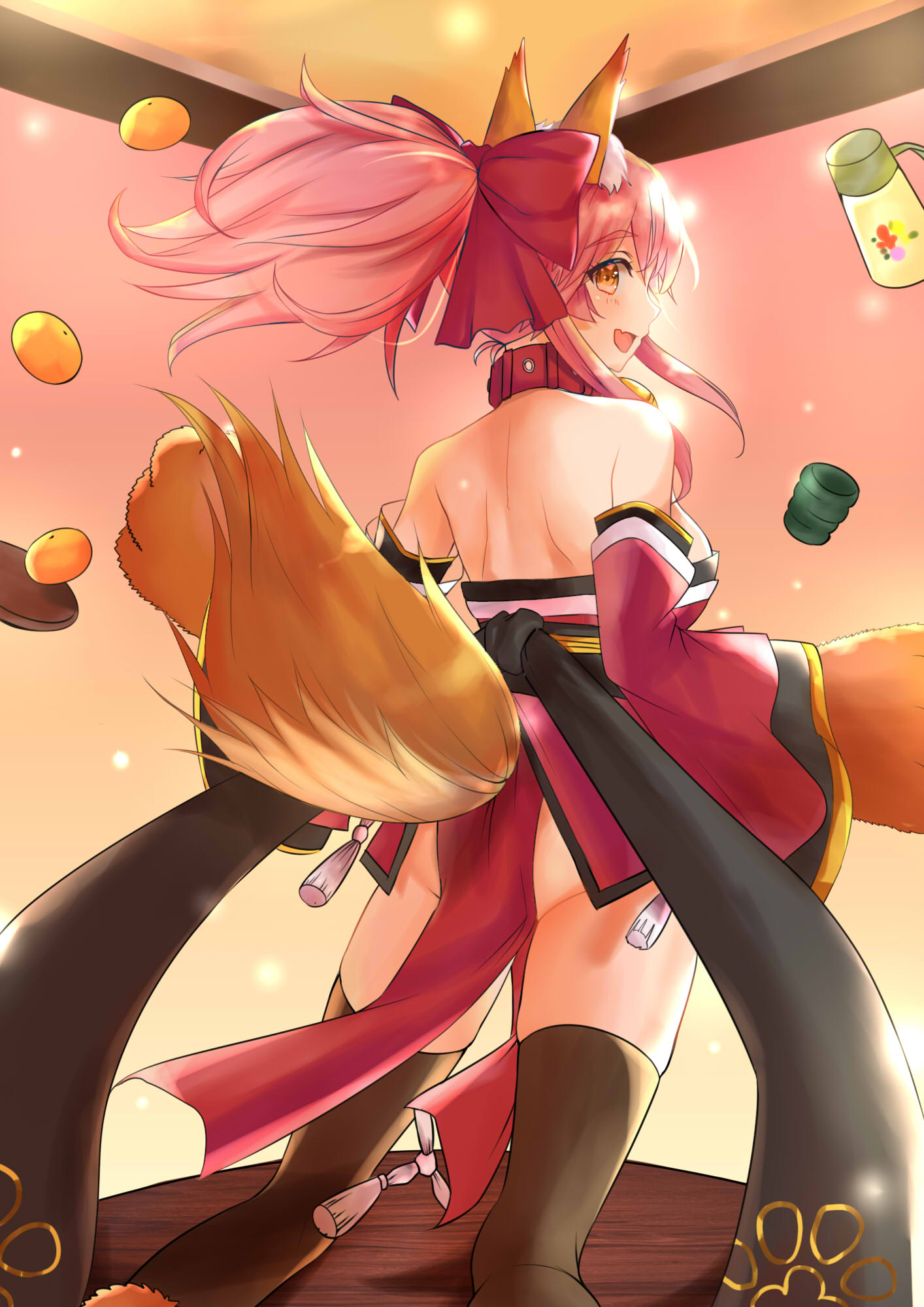 1girl animal_ears apron bell bell_collar breasts cat_paws collar fangs fate/grand_order fate_(series) food fox_ears fox_tail fruit gloves hair_ribbon highres large_breasts looking_at_viewer looking_back mariial open_mouth orange paw_gloves paw_shoes paws pink_hair ponytail ribbon shoes solo tail tamamo_(fate)_(all) tamamo_cat_(fate) yellow_eyes