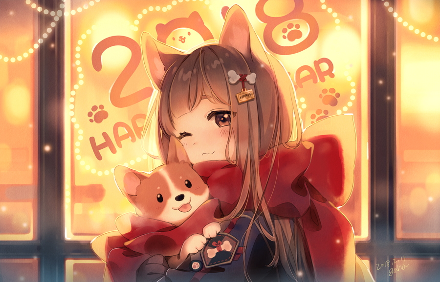 1girl 2018 :3 :p ;) animal artist_name backlighting bangs black_eyes bone_print breath brown_eyes brown_hair cartoon_bone closed_mouth dated enpera hajida happy_new_year holding holding_animal long_hair looking_at_viewer new_year one_eye_closed original outdoors paws red_scarf scarf smile solo tareme tongue tongue_out upper_body window