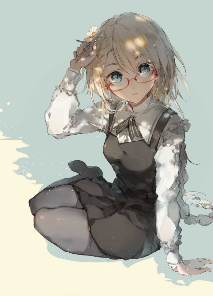 1girl bangs black_legwear blonde_hair blouse blue_eyes blush braid closed_mouth daisy day dress flower g36_(girls_frontline) girls_frontline glasses hair_between_eyes hair_flower hair_ornament hand_up highres long_sleeves looking_at_viewer pantyhose pinafore_dress red-framed_eyewear shuzi side_braid sitting solo white_blouse white_flower yokozuwari