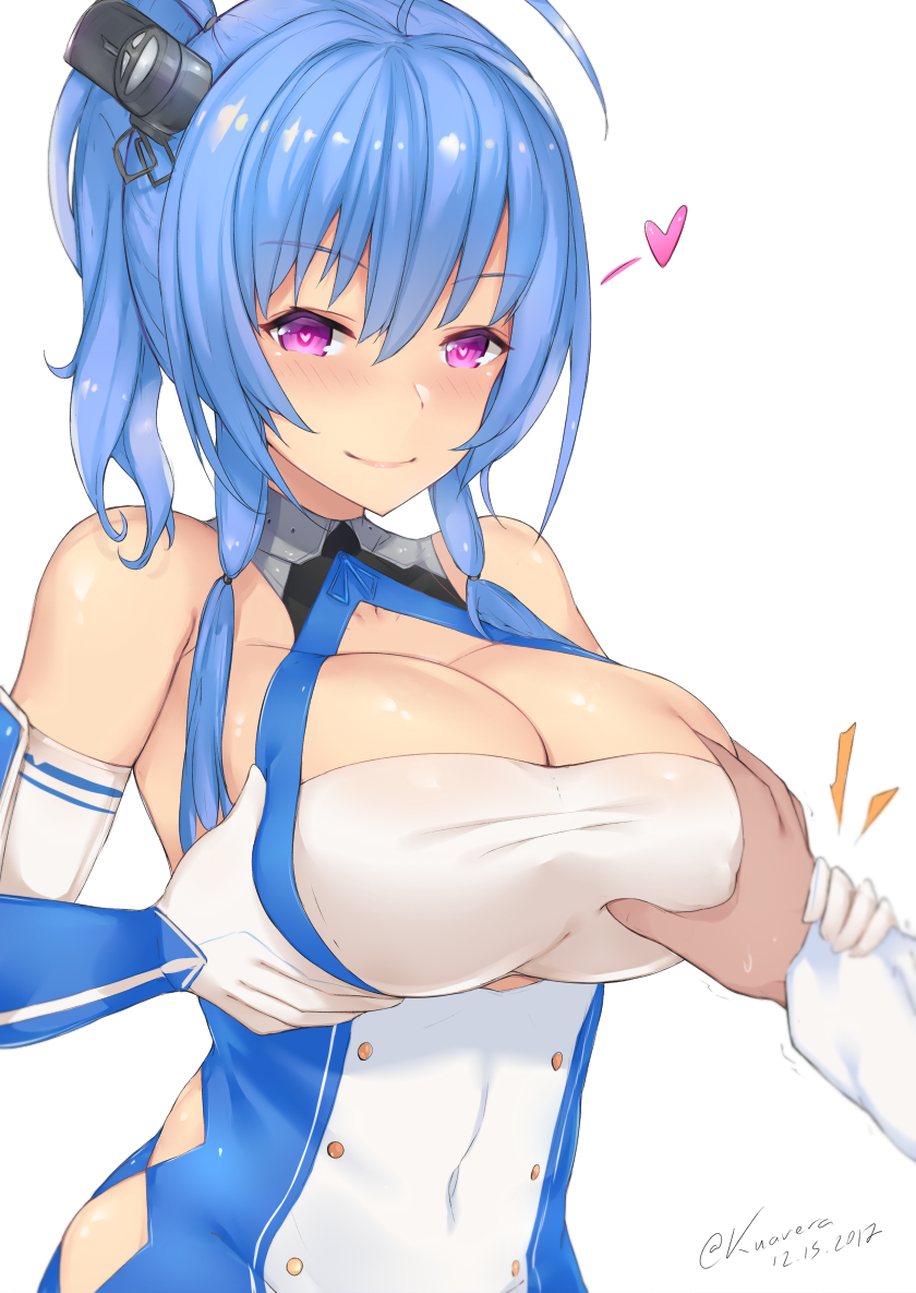 1boy 1girl admiral_(azur_lane) ahoge azur_lane bangs bare_shoulders blue_hair blush breasts cleavage cleavage_cutout closed_mouth covered_navel dated elbow_gloves eyebrows_visible_through_hair gloves groping hair_between_eyes headgear heart heart-shaped_pupils kuavera large_breasts long_sleeves looking_at_viewer ponytail short_hair_with_long_locks sidelocks signature simple_background st._louis_(azur_lane) symbol-shaped_pupils twitter_username upper_body violet_eyes white_background wrist_grab