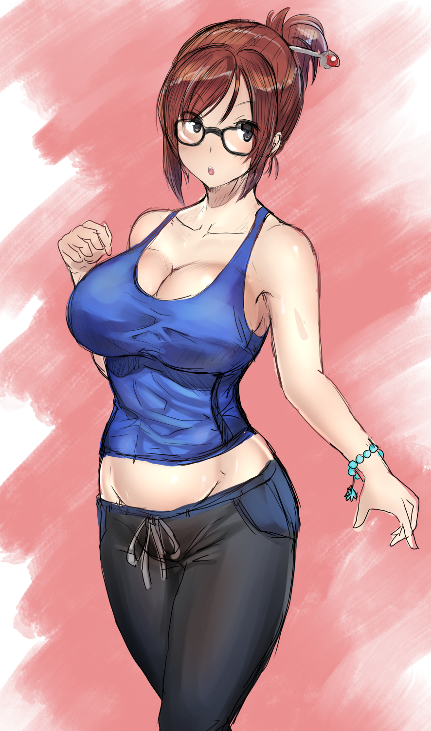 1girl :o armpits bangs bare_arms bare_shoulders black-framed_eyewear blue_shirt blush bracelet breasts cleavage collarbone cowboy_shot glasses groin hair_ornament hair_stick hand_up highres jewelry large_breasts looking_at_viewer mei_(overwatch) open_mouth overwatch pants pearl_bracelet pink_background ponytail shirt short_hair sidelocks sketch sleeveless solo standing swept_bangs tomliat track_pants v-shaped_eyebrows