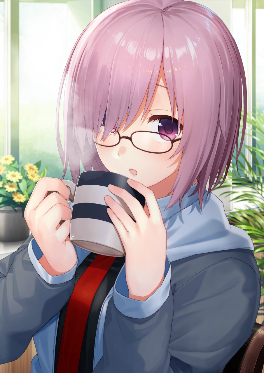 1girl bangs black_shirt blue_hoodie blue_jacket blush brown-framed_eyewear coffee_mug commentary_request dacchi fate/grand_order fate_(series) glasses hair_over_one_eye highres holding_mug hood hood_down indoors jacket long_sleeves looking_at_viewer mash_kyrielight necktie parted_lips pink_hair plant potted_plant red_neckwear shirt sitting solo striped violet_eyes yellow_flower