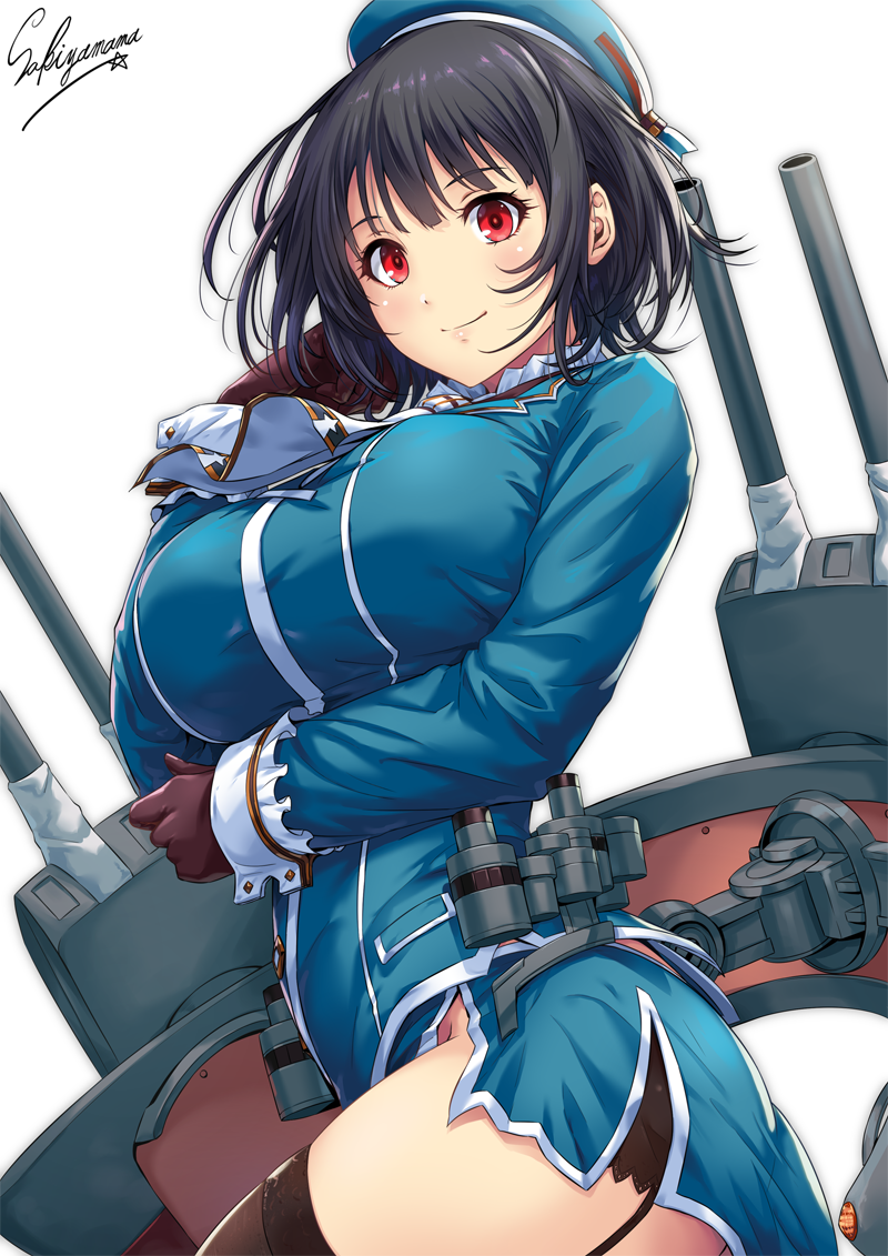 1girl artist_name beret black_gloves black_hair black_panties blue_hat blue_jacket blush breasts cannon character_name closed_mouth garter_straps gloves hand_on_own_cheek hand_to_own_mouth hat jacket kantai_collection l large_breasts looking_at_viewer messy_hair ong_sleeves panties red_eyes rigging sakiyamama short_hair skirt smile solo takao_(kantai_collection) thigh-highs turret twisted_torso underwear upper_body