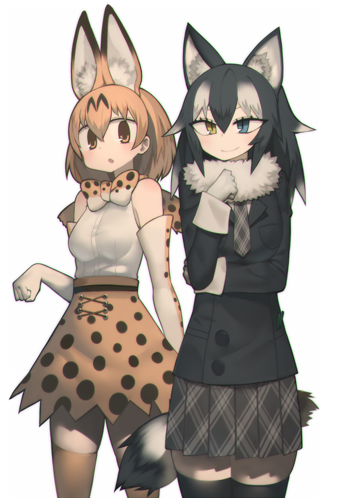 2girls :o animal_ears bare_shoulders black_hair blue_eyes blush bow bowtie breasts closed_mouth commentary_request cowboy_shot elbow_gloves fur_collar gloves grey_neckwear grey_skirt grey_wolf_(kemono_friends) hair_between_eyes harau heterochromia high-waist_skirt kemono_friends long_sleeves looking_at_viewer medium_breasts multiple_girls necktie orange_hair orange_legwear orange_neckwear orange_skirt parted_lips pleated_skirt serval_(kemono_friends) serval_ears serval_print serval_tail shirt simple_background skirt sleeveless sleeveless_shirt slit_pupils smile standing tail thigh-highs white_background white_shirt wolf_ears wolf_tail yellow_eyes zettai_ryouiki