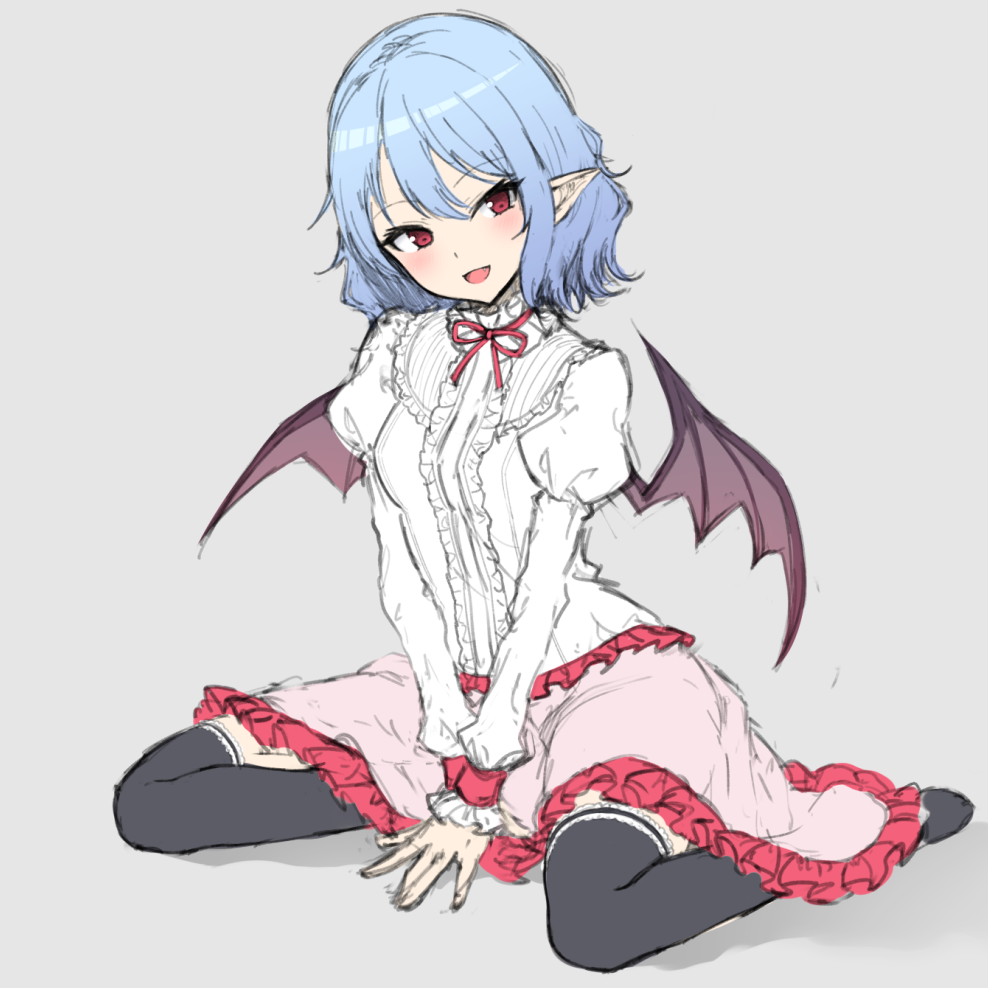 1girl alternate_costume bat_wings black_legwear blue_hair commentary frills grey_background juliet_sleeves junior27016 long_sleeves looking_at_viewer neck_ribbon no_hat no_headwear no_shoes open_mouth pink_skirt pointy_ears puffy_sleeves red_eyes red_neckwear red_ribbon remilia_scarlet ribbon seiza shirt simple_background sitting skirt smile solo thigh-highs touhou white_shirt wings