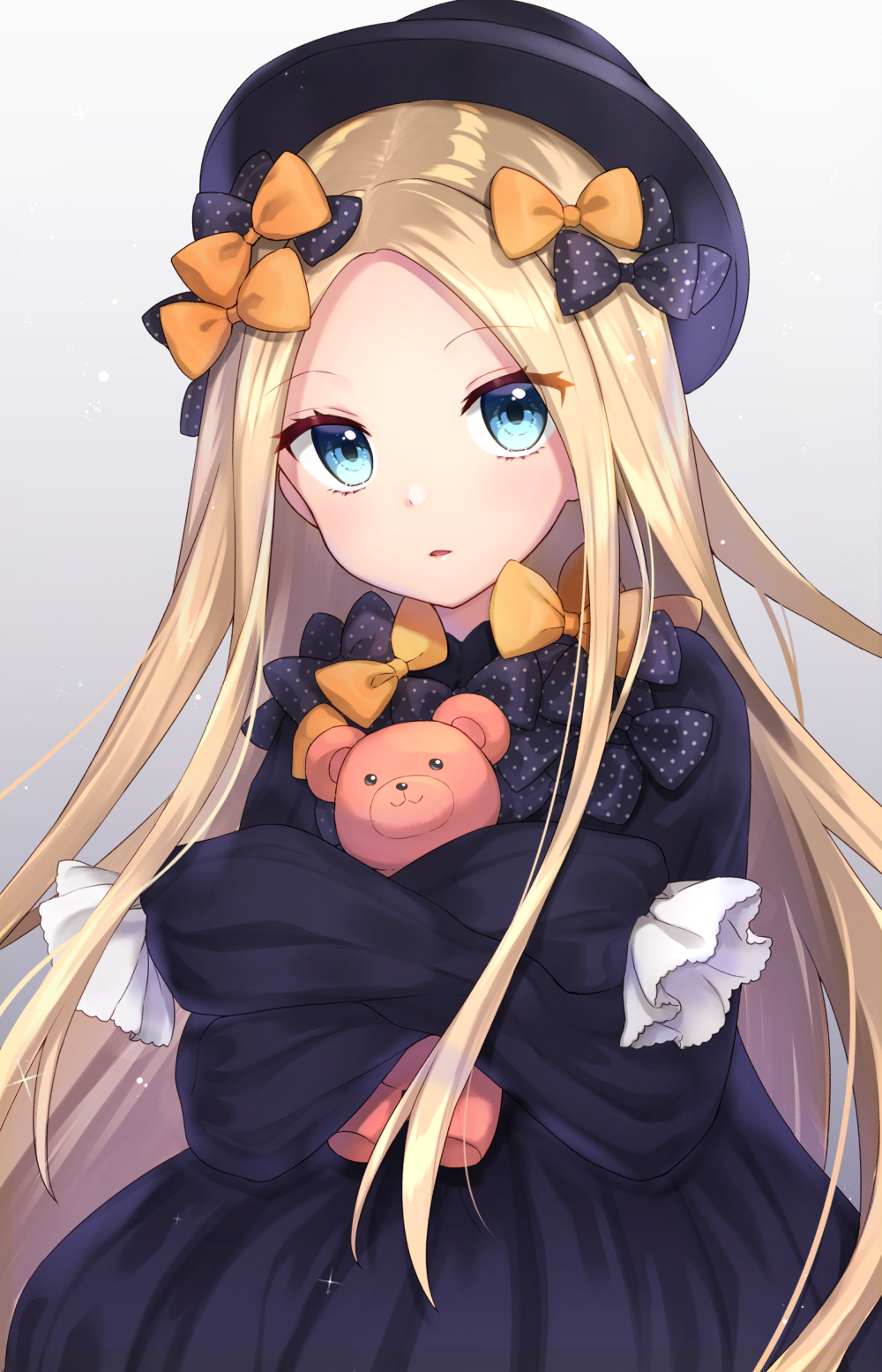 1girl abigail_williams_(fate/grand_order) akariko_(akaringo) bangs black_bow black_dress black_hat blonde_hair blue_eyes bow dress eyebrows_visible_through_hair eyes_visible_through_hair fate/grand_order fate_(series) hair_bow hat head_tilt highres long_sleeves looking_at_viewer object_hug orange_bow parted_bangs parted_lips polka_dot polka_dot_bow sleeves_past_wrists solo stuffed_animal stuffed_toy teddy_bear