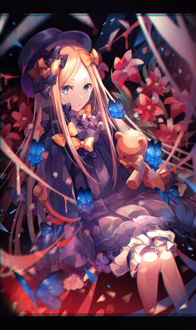 1girl abigail_williams_(fate/grand_order) blonde_hair blue_eyes blurry bow butterfly depth_of_field dress fate/grand_order fate_(series) flower hair_bow hat long_hair long_sleeves looking_at_viewer orange_bow puffy_sleeves sitting solo stuffed_animal stuffed_toy teddy_bear very_long_hair yunohito
