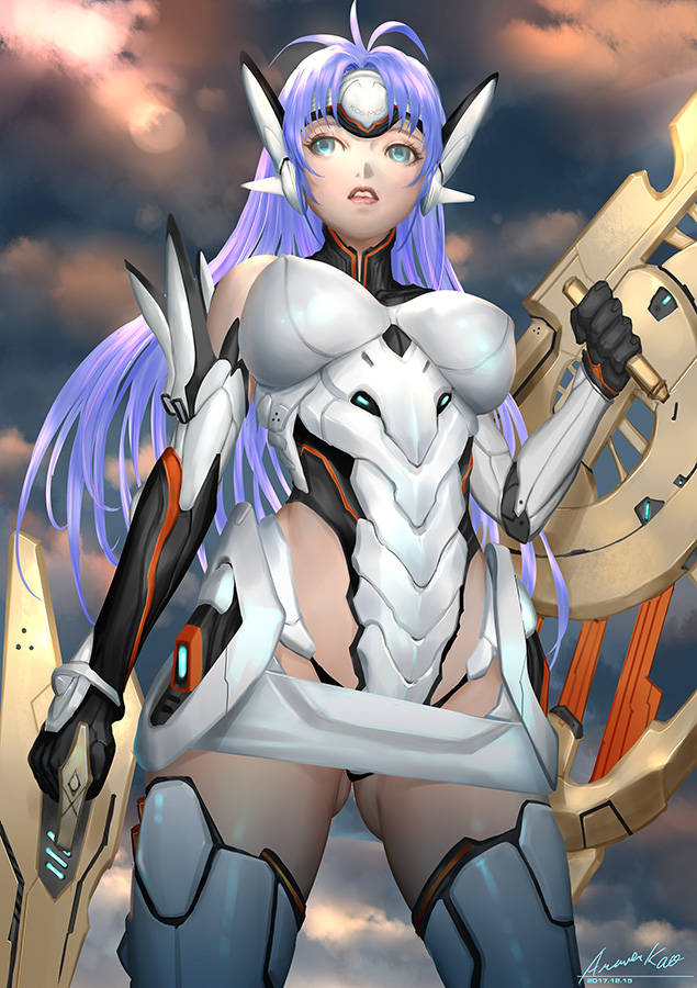 1girl ariverkao blue_eyes breasts clouds cowboy_shot elbow_gloves forehead_protector from_below gloves headgear kos-mos large_breasts leotard lips long_hair looking_to_the_side overcast parted_lips purple_hair signature sky solo standing thigh-highs turtleneck weapon xenosaga