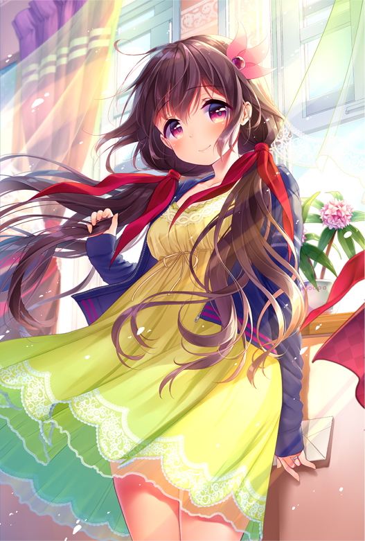 1girl alternate_hairstyle black_jacket brown_hair curtains dress hair_between_eyes hair_ornament holding_letter jacket jewelry kantai_collection kisaragi_(kantai_collection) letter long_hair long_sleeves low_twintails minami_(apricot_tea) pink_flower ring smile solo twintails violet_eyes wedding_band window yellow_dress