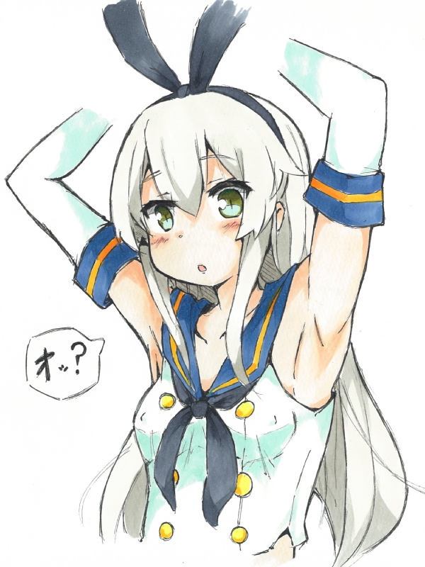 1girl :o armpits arms_up bare_shoulders black_bow black_neckwear blue_sailor_collar blush bow commentary_request cropped_arms detached_sleeves eyebrows_visible_through_hair green_eyes hair_bow hairband igo_miku kantai_collection long_hair looking_at_viewer neckerchief parted_lips sailor_collar school_uniform serafuku shimakaze_(kantai_collection) shirt silver_hair simple_background sleeveless sleeveless_shirt slit_pupils solo speech_bubble traditional_media upper_body white_background white_shirt
