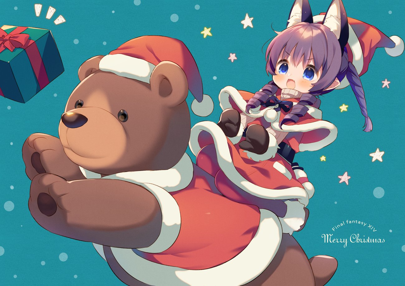 1girl :d animal animal_ears bangs bear black_belt blue_background blue_eyes blue_ribbon box brown_footwear brown_mittens character_request christmas commentary_request dress eyebrows_visible_through_hair fang final_fantasy final_fantasy_xiv fur-trimmed_boots fur-trimmed_capelet fur-trimmed_dress fur-trimmed_hat fur_trim gift gift_box hair_between_eyes hat kurokuma_(kuro_kumagaya) long_sleeves merry_christmas mittens open_mouth pom_pom_(clothes) red_capelet red_dress red_hat ribbon ringlets santa_costume santa_hat sidelocks smile snowman solo star starry_background twintails v-shaped_eyebrows violet_eyes
