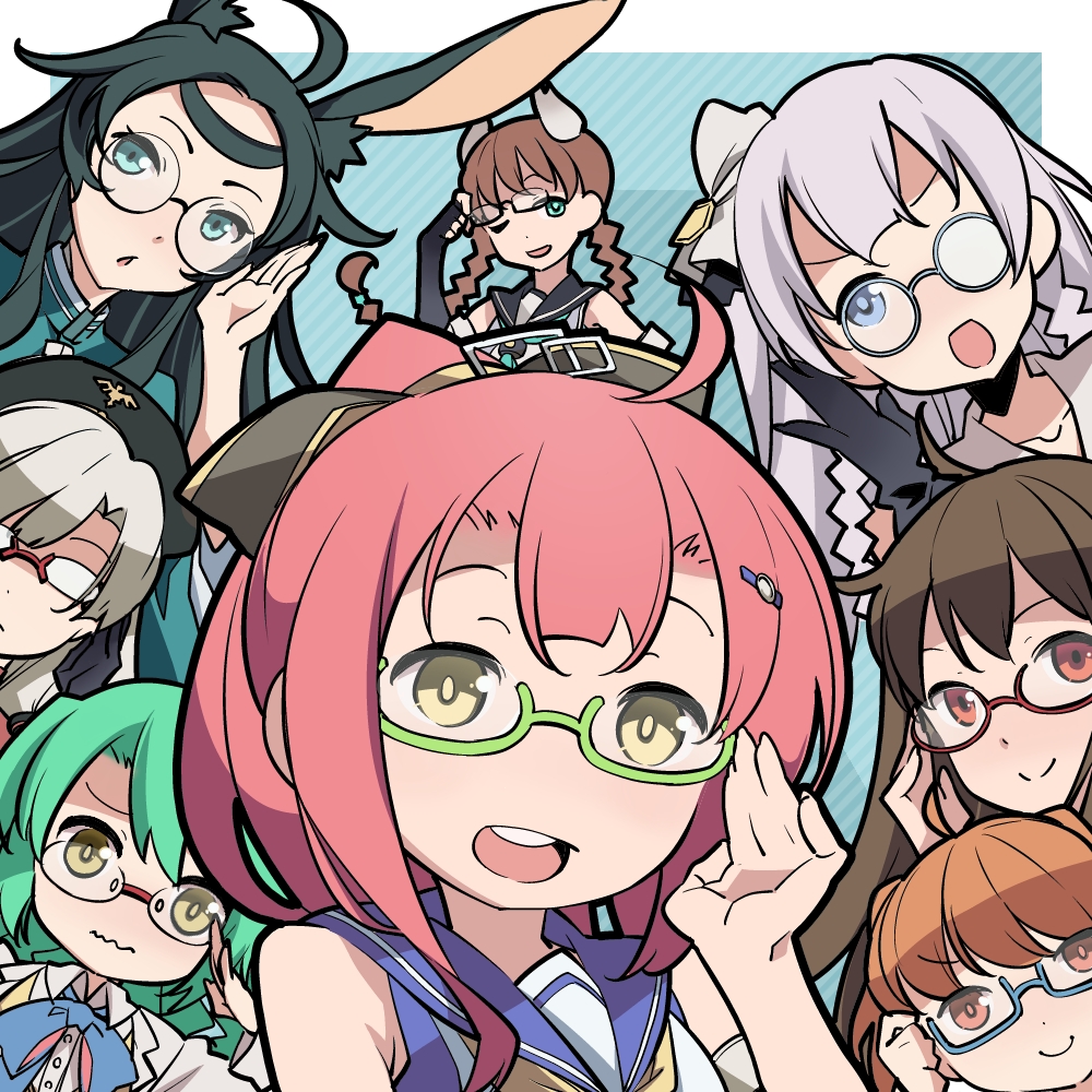 6+girls :d ;d ahoge animal_ears aqua_eyes azur_lane bangs black_gloves black_hair blue-framed_eyewear blue_eyes braid brown_hair edinburgh_(azur_lane) eyebrows fletcher_(azur_lane) glasses gloves green-framed_eyewear hair_ornament high_ponytail kako_(azur_lane) koln_(azur_lane) langley_(azur_lane) london_(azur_lane) long_hair multiple_girls no_nose nyuusankin one_eye_closed open_mouth orange_hair rabbit_ears raleigh_(azur_lane) red-framed_eyewear red_eyes redhead round_eyewear sailor_collar school_uniform serafuku shirt silver_hair sleeveless sleeveless_shirt smile souryuu_(azur_lane) teeth turtleneck twin_braids under-rim_eyewear yellow_eyes yellow_neckwear