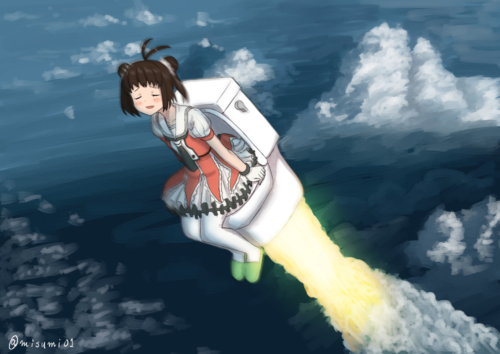 1girl antenna_hair brown_hair closed_eyes commentary_request double_bun frilled_skirt frills gloves kantai_collection liftoff misumi_(niku-kyu) naka_(kantai_collection) remodel_(kantai_collection) rocket school_uniform serafuku short_hair sitting skirt slippers solo toilet twitter_username white_gloves white_legwear white_sailor_collar