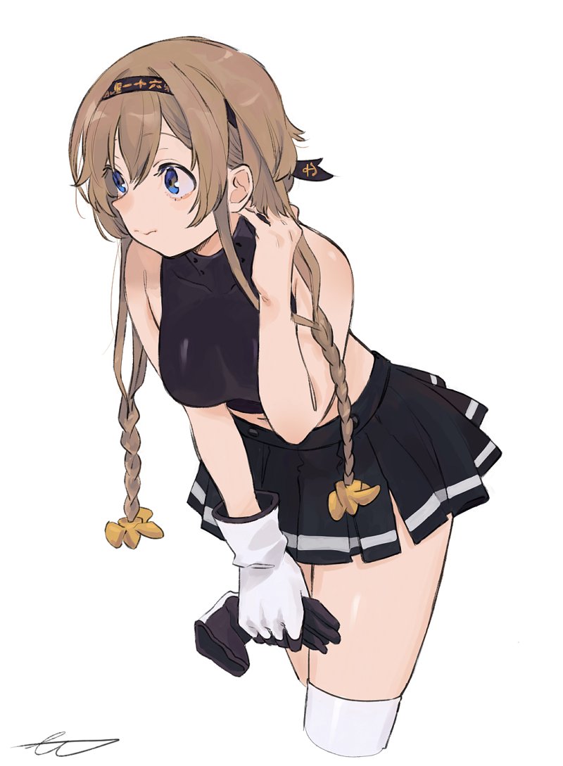 1girl black_shirt black_skirt blue_eyes braid breasts cheerleader closed_mouth gloves gloves_removed hair_ornament hand_on_own_cheek headband holding_glove kantai_collection kneehighs leaning_forward light_brown_hair long_hair medium_breasts midriff miniskirt navel pleated_skirt propeller_hair_ornament shirt signature simple_background single_glove skirt smile solo teruzuki_(kantai_collection) torunadopoteto twin_braids upper_body white_background white_gloves white_legwear