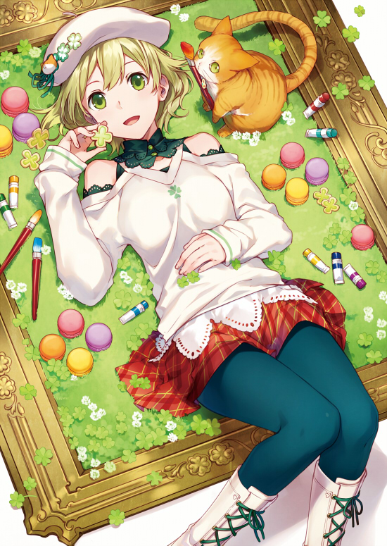 1girl :d asahikawa_hiyori bangs bare_shoulders blonde_hair blue_legwear blush cat commentary_request dress feet_out_of_frame flower frame grass green_eyes hat hat_ornament holding long_sleeves looking_at_viewer lying on_back open_mouth original paint_tube paintbrush pantyhose red_skirt short_hair skirt smile solo sweater sweater_dress white_footwear white_sweater