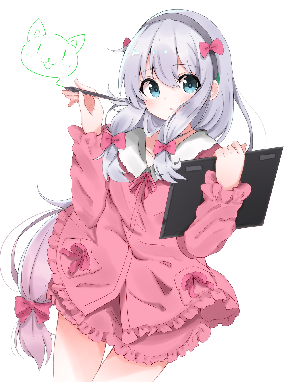 1girl blue_eyes blush bow commentary_request eromanga_sensei hair_bow highres himemiya_shuang izumi_sagiri long_hair looking_at_viewer pajamas pink_bow silver_hair simple_background solo standing stylus tablet_pc white_background