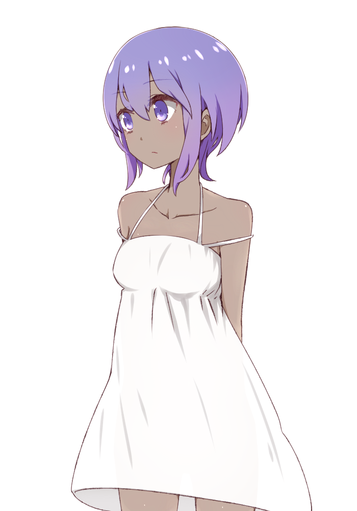 1girl alternate_costume arms_behind_back assassin_(fate/prototype_fragments) bare_shoulders dark_skin dress fate/grand_order fate_(series) halterneck i.u.y looking_to_the_side purple_hair see-through_silhouette short_hair simple_background solo sundress violet_eyes white_background white_dress