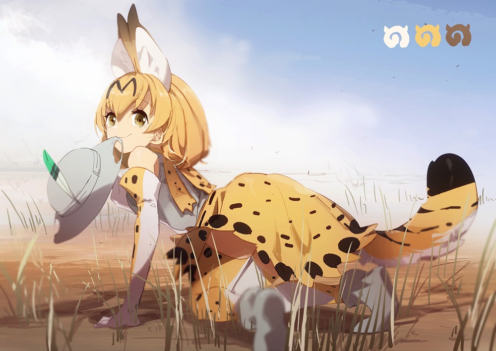 1girl all_fours animal_ears blonde_hair bucket_hat clouds day elbow_gloves extra_ears gloves hat hat_feather japari_symbol kemono_friends looking_back mouth_hold multicolored multicolored_clothes multicolored_gloves multicolored_legwear no-kan outdoors print_gloves print_legwear print_skirt serval_(kemono_friends) serval_ears serval_print serval_tail skirt sky smile solo tail thigh-highs white_gloves white_legwear yellow_eyes yellow_gloves yellow_legwear yellow_skirt