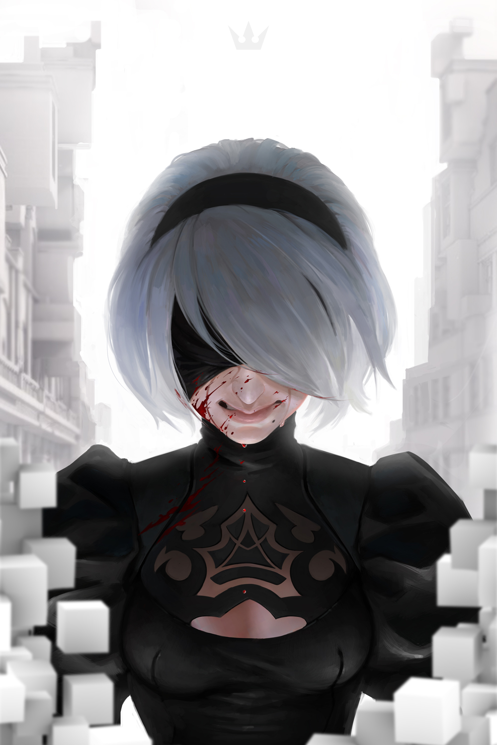 1girl black_dress blindfold blood blood_drip blood_on_face bloody_clothes blurry blurry_foreground breasts cleavage_cutout covered_eyes crying depth_of_field dress facing_viewer highres medium_breasts nier_(series) nier_automata nikusenpai photoshop puffy_sleeves short_hair silver_hair solo tears turtleneck upper_body white_background wince yorha_no._2_type_b