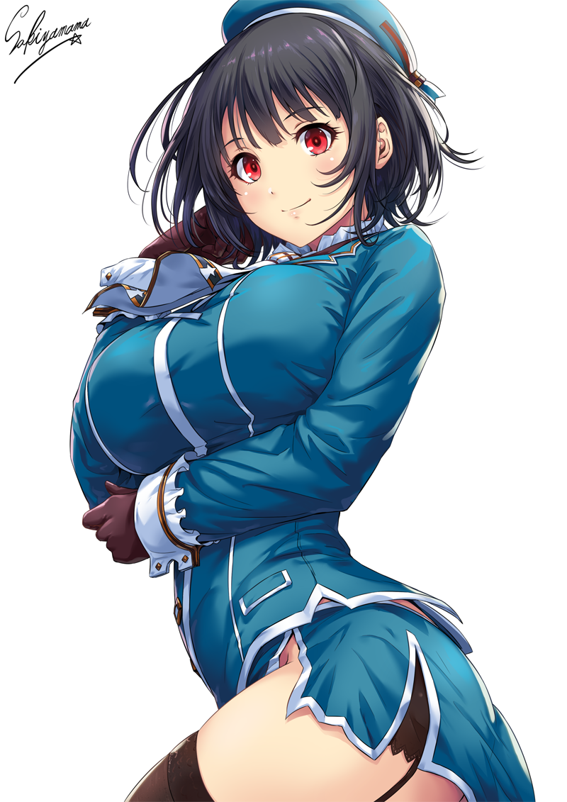 1girl artist_name beret black_gloves black_hair black_panties blue_hat blue_jacket blush breasts character_name closed_mouth garter_straps gloves hand_on_own_cheek hand_to_own_mouth hat jacket kantai_collection large_breasts long_sleeves looking_at_viewer messy_hair panties red_eyes sakiyamama short_hair skirt smile solo takao_(kantai_collection) thigh-highs twisted_torso underwear upper_body