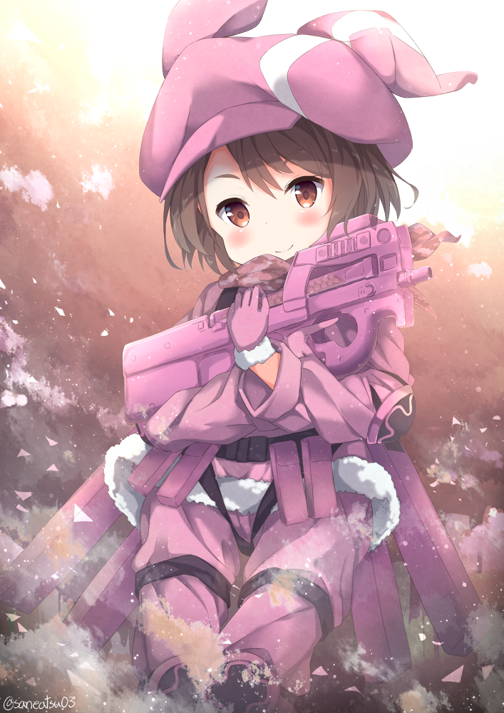 1girl animal_hat bandanna belt blush brown_eyes brown_hair commentary_request elbow_pads fur-trimmed_gloves fur_trim gloves gun hat knee_pads llenn_(sao) long_sleeves looking_at_viewer military military_uniform niwasane_(saneatsu03) p-chan_(p-90) pants pink_bandana pink_gloves pink_hat pink_pants pouch short_hair smile solo sword_art_online sword_art_online_alternative:_gun_gale_online twitter_username uniform weapon