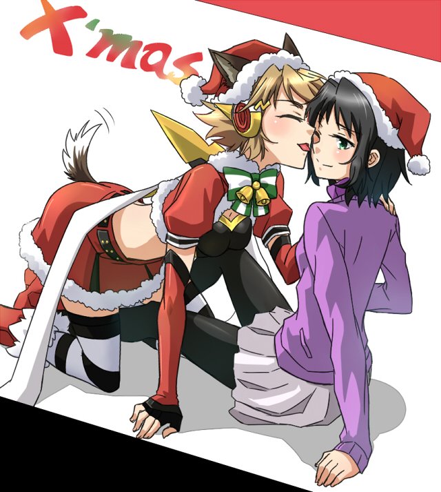 2girls animal_ears black_hair blonde_hair blush character_request christmas closed_eyes detached_sleeves dog_ears dog_tail grey_skirt hand_on_another's_shoulder midriff multiple_girls pantyhose purple_sweater santa_costume senki_zesshou_symphogear short_hair skirt smile stc striped striped_legwear tachibana_hibiki_(symphogear) tail tail_wagging thigh-highs tongue tongue_out white_background yuri