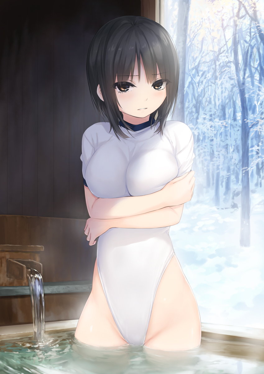 1girl aoyama_sumika bangs bare_tree black_hair breasts brown_eyes coffee-kizoku crossed_arms eyebrows_visible_through_hair highres looking_at_viewer medium_breasts one-piece_swimsuit onsen original parted_lips short_hair solo swimsuit tree wading water white_swimsuit