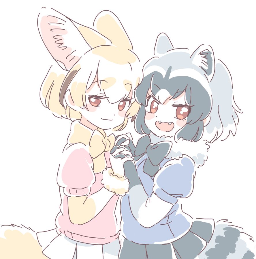 2girls :d animal_ears bangs black_gloves black_neckwear black_skirt blonde_hair blue_shirt blush_stickers bow bowtie common_raccoon_(kemono_friends) elbow_gloves eyebrows_visible_through_hair fangs fennec_(kemono_friends) fox_ears fox_tail from_side fur_trim gloves grey_hair hand_holding interlocked_fingers kemono_friends looking_at_viewer mitsumoto_jouji multicolored_hair multiple_girls open_mouth pink_shirt pleated_skirt puffy_short_sleeves puffy_sleeves raccoon_ears raccoon_tail red_eyes shirt short_hair short_sleeves simple_background skirt smile smug standing tail two-tone_hair white_background white_gloves white_skirt yellow_neckwear